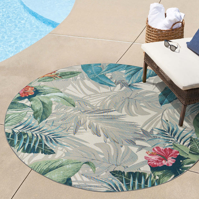 Multicolor 7' 1 x 7' 1 Outdoor Botanical Round Area Rug Weather Resistant for Patio, Deck, Terrace, Balcony, Porch Polypropylene Garden Floral Tropical Carpet for Sale at Rug Engine