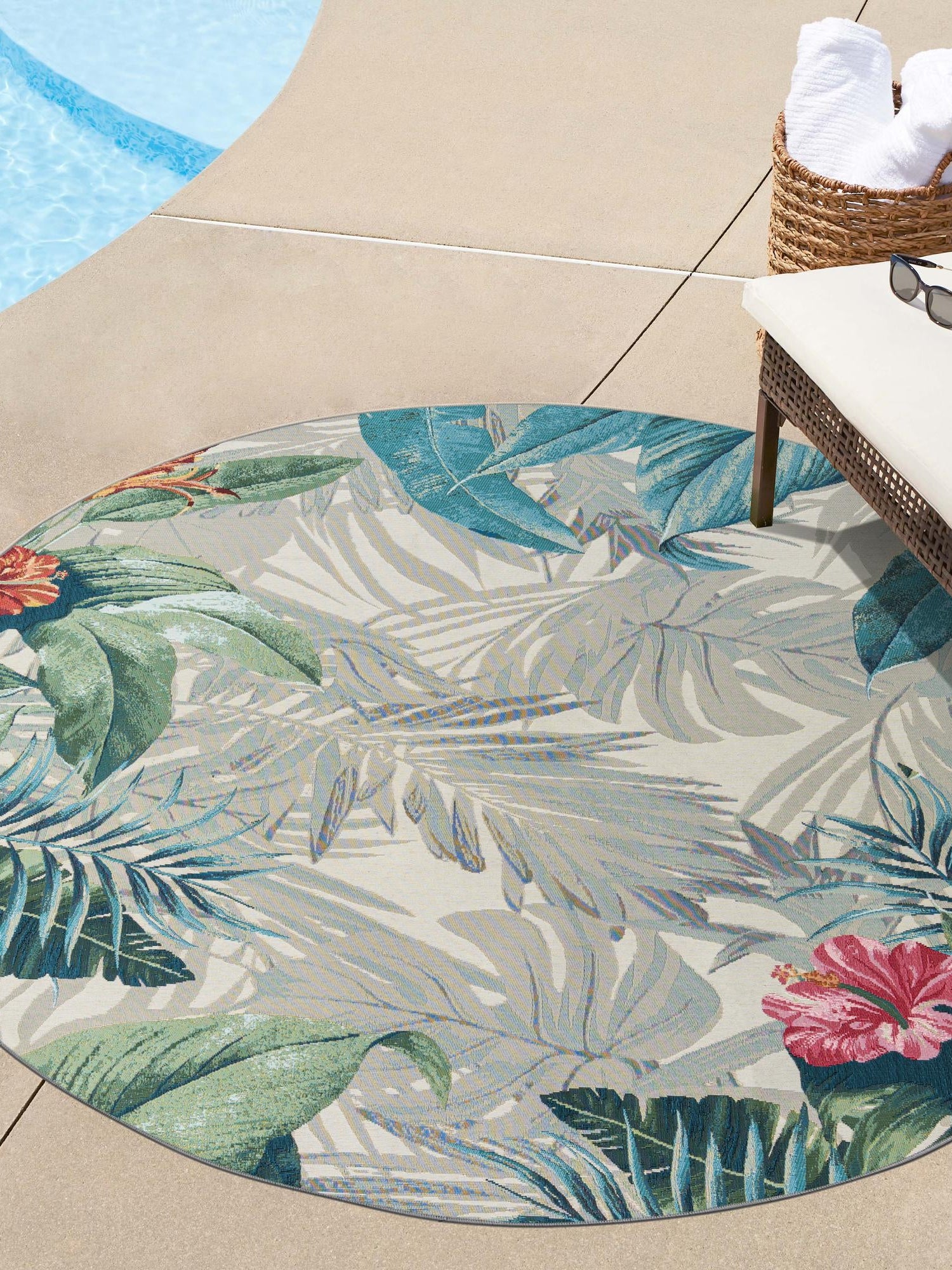 Multicolor 4' 1 x 4' 1 Outdoor Botanical Round Area Rug Weather Resistant for Patio, Deck, Terrace, Balcony, Porch Polypropylene Garden Floral Tropical Carpet for Sale at Rug Engine