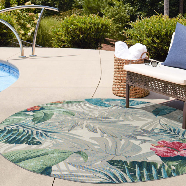 Multicolor 10' x 10' Outdoor Botanical Round Area Rug Weather Resistant for Patio, Deck, Terrace, Balcony, Porch Polypropylene Garden Floral Tropical Carpet for Sale at Rug Engine