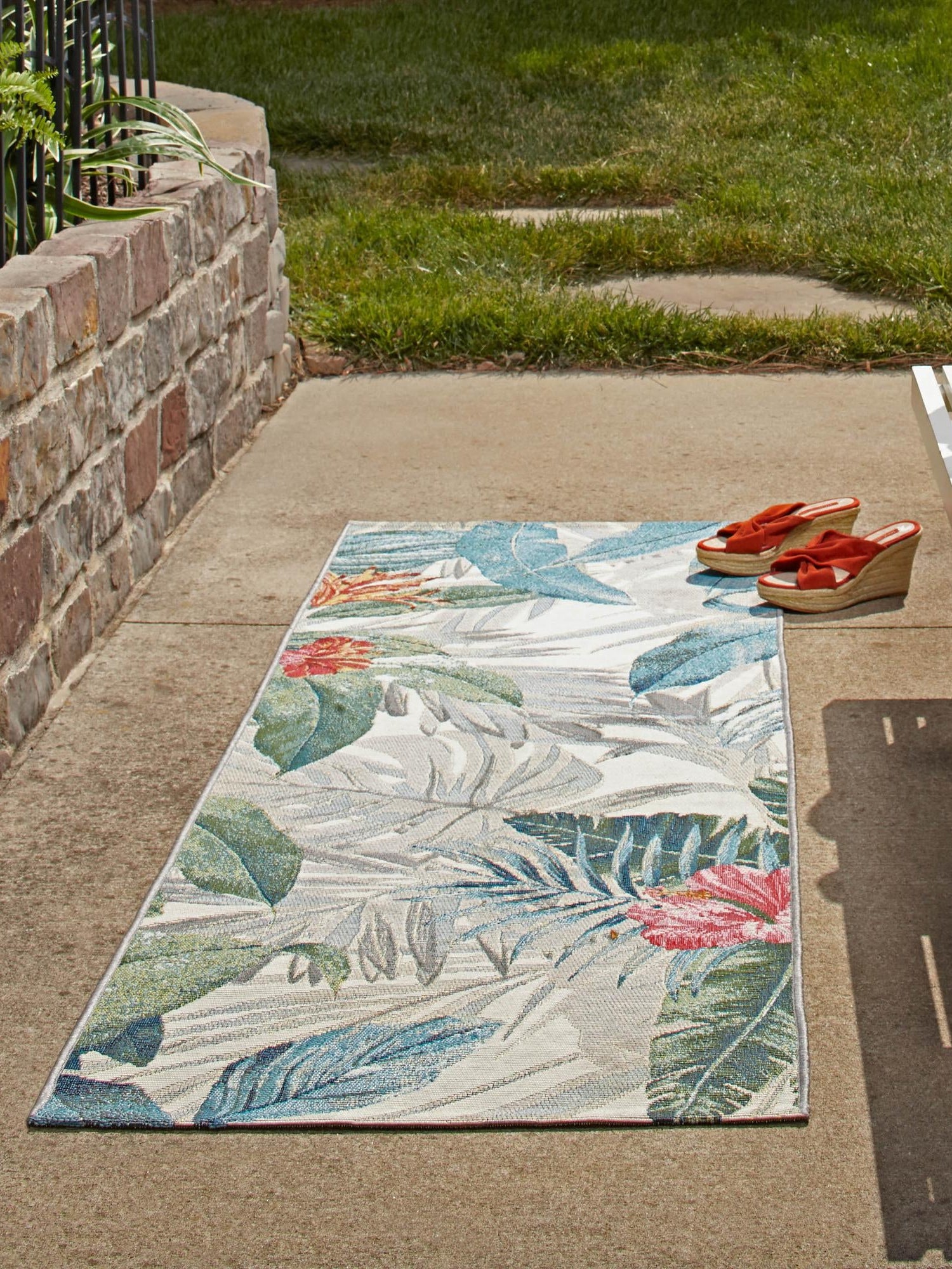 Multicolor 2' x 8' Outdoor Botanical Runner Area Rug Weather Resistant for Patio, Deck, Terrace, Balcony, Porch Polypropylene Garden Floral Tropical Carpet for Sale at Rug Engine