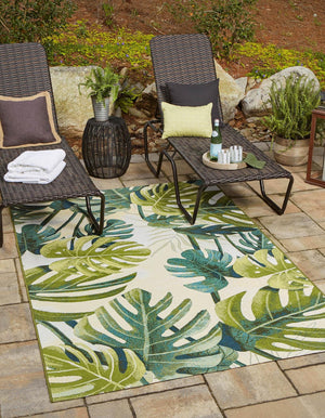 Green 10' x 14' 2 Outdoor Botanical Rectangle Area Rug Weather Resistant for Patio, Deck, Terrace, Balcony, Porch Polypropylene Garden Floral Tropical Carpet for Sale at Rug Engine