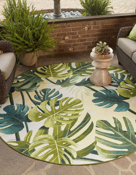 Green 7' 1 x 7' 1 Outdoor Botanical Round Area Rug Weather Resistant for Patio, Deck, Terrace, Balcony, Porch