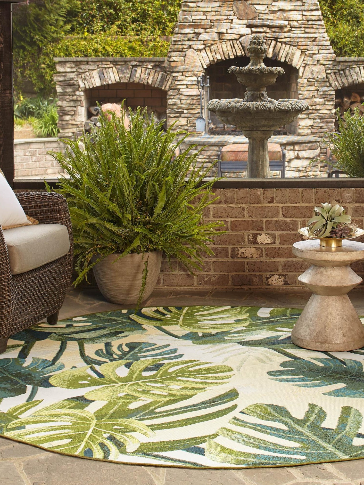 Green 3' 1 x 3' 1 Outdoor Botanical Round Area Rug Weather Resistant for Patio, Deck, Terrace, Balcony, Porch Polypropylene Garden Floral Tropical Carpet for Sale at Rug Engine