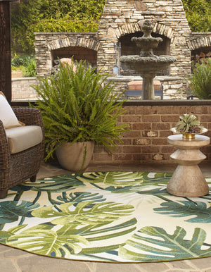 Green 7' 1 x 7' 1 Outdoor Botanical Round Area Rug Weather Resistant for Patio, Deck, Terrace, Balcony, Porch