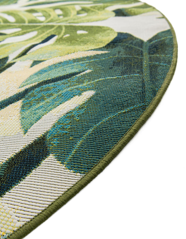 Green 4' 1 x 4' 1 Outdoor Botanical Round Area Rug Weather Resistant for Patio, Deck, Terrace, Balcony, Porch