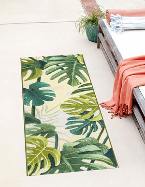 Green 2' x 6' Outdoor Botanical Runner Area Rug Weather Resistant for Patio, Deck, Terrace, Balcony, Porch Polypropylene Garden Floral Tropical Carpet for Sale at Rug Engine