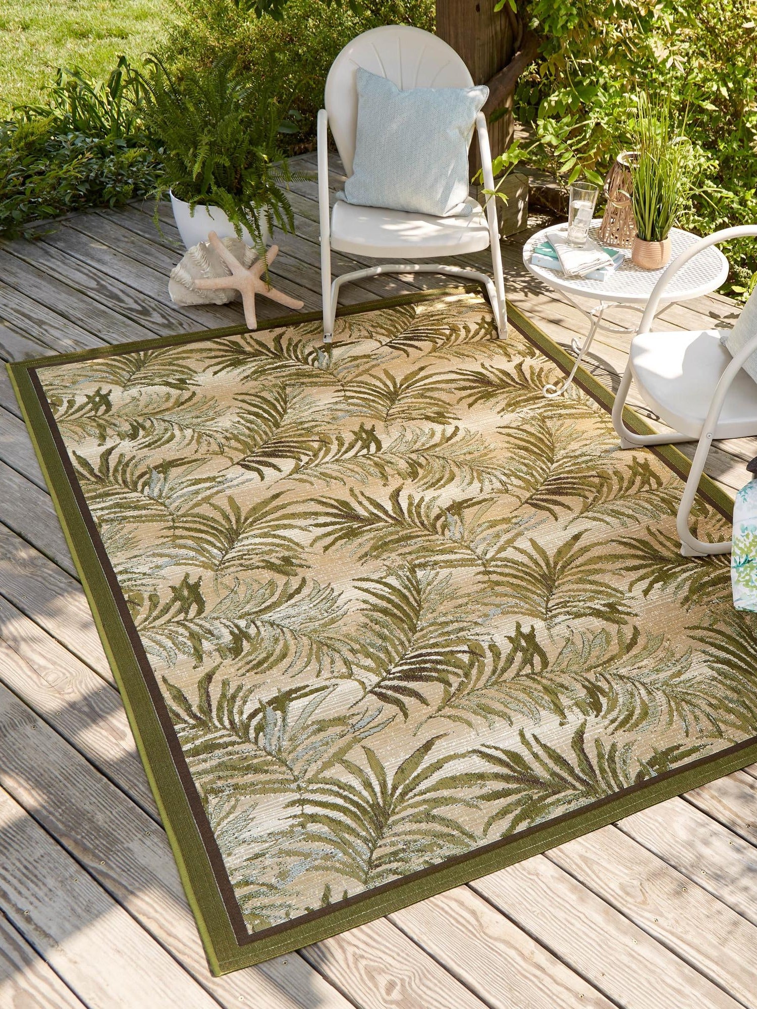 Green 1' 4 x 1' 4 Outdoor Botanical Sample Area Rug Weather Resistant for Patio, Deck, Terrace, Balcony, Porch Polypropylene Garden Floral Tropical Carpet for Sale at Rug Engine