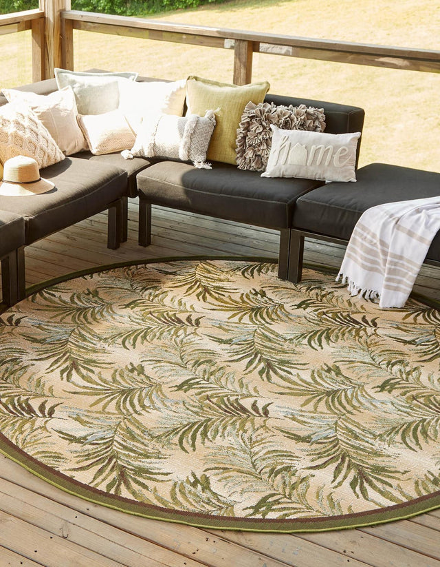 Green 7' 10 x 7' 10 Outdoor Botanical Round Area Rug Weather Resistant for Patio, Deck, Terrace, Balcony, Porch Polypropylene Garden Floral Tropical Carpet for Sale at Rug Engine