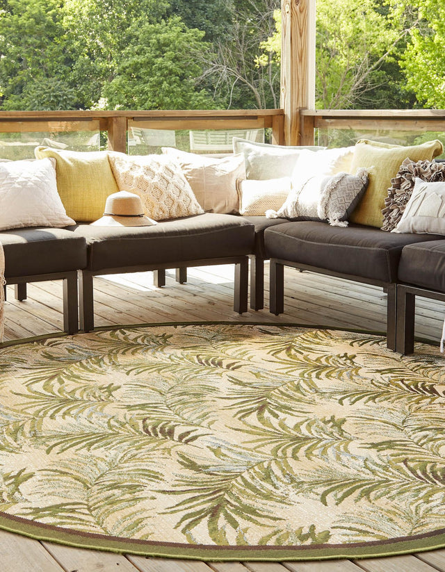 Green 7' 10 x 7' 10 Outdoor Botanical Round Area Rug Weather Resistant for Patio, Deck, Terrace, Balcony, Porch Polypropylene Garden Floral Tropical Carpet for Sale at Rug Engine
