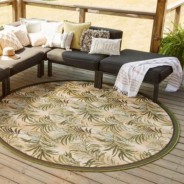 Green 7' 10 x 7' 10 Outdoor Botanical Round Area Rug Weather Resistant for Patio, Deck, Terrace, Balcony, Porch Polypropylene Garden Floral Tropical Carpet for Sale at Rug Engine