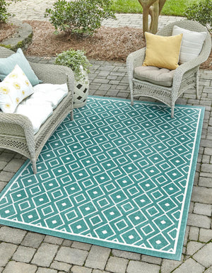 Teal 5' 3 x 8' Outdoor Trellis Rectangle Area Rug Weather Resistant for Patio, Deck, Terrace, Balcony, Porch Geometric Design Water Safe Outside Carpet for Sale at Rug Engine