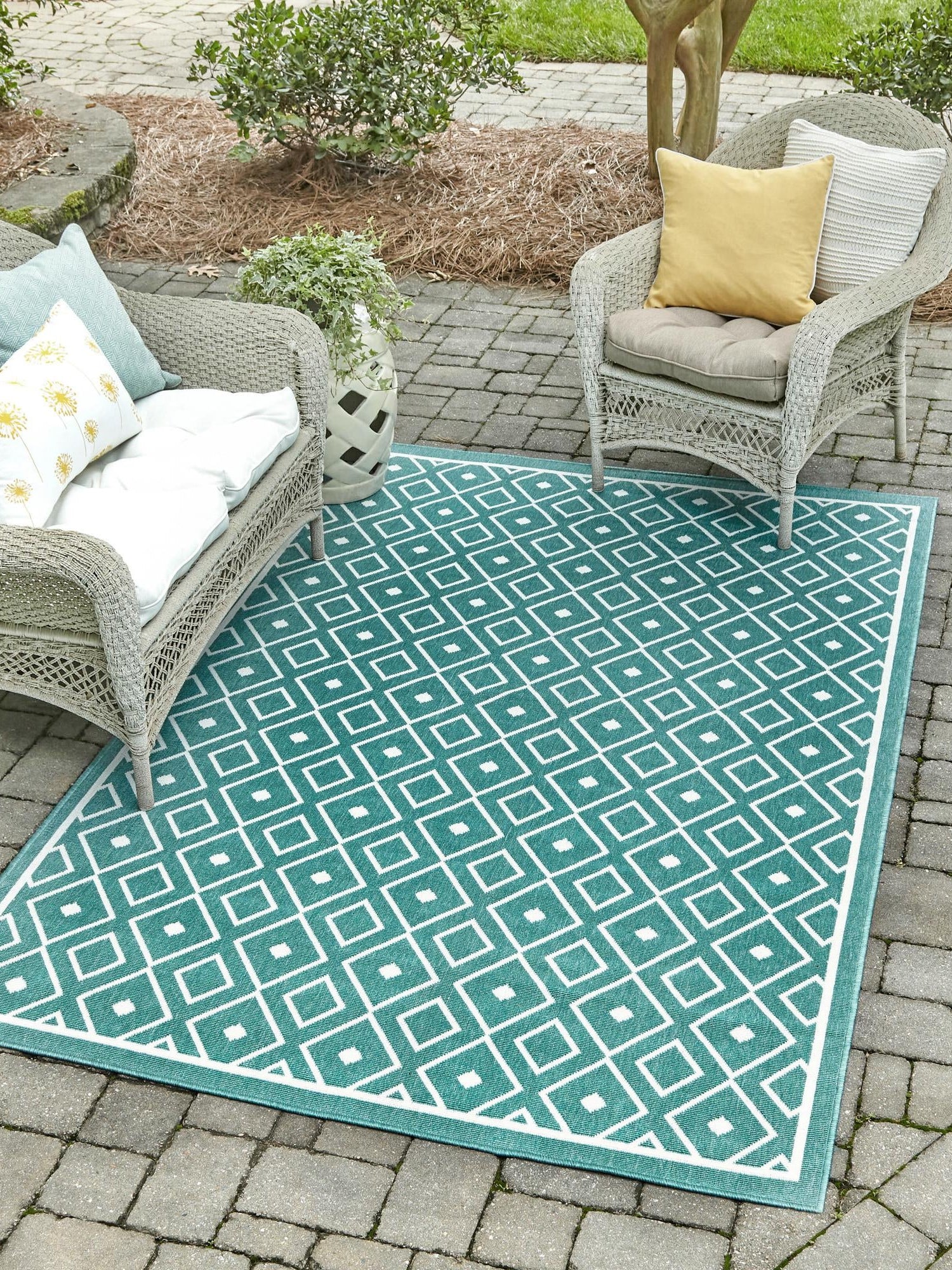 Teal 1' 3 x 1' 3 Outdoor Trellis Sample Area Rug Weather Resistant for Patio, Deck, Terrace, Balcony, Porch Geometric Design Water Safe Outside Carpet for Sale at Rug Engine