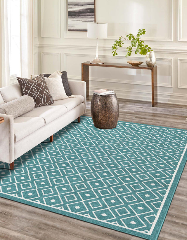 Teal 4' x 6' Outdoor Trellis Rectangle Area Rug Weather Resistant for Patio, Deck, Terrace, Balcony, Porch Geometric Design Water Safe Outside Carpet for Sale at Rug Engine
