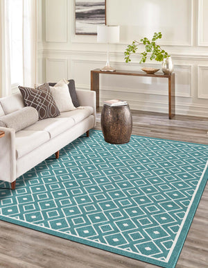 Teal 5' 3 x 8' Outdoor Trellis Rectangle Area Rug Weather Resistant for Patio, Deck, Terrace, Balcony, Porch Geometric Design Water Safe Outside Carpet for Sale at Rug Engine
