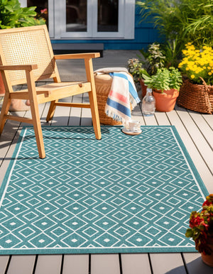 Teal 4' x 6' Outdoor Trellis Rectangle Area Rug Weather Resistant for Patio, Deck, Terrace, Balcony, Porch Geometric Design Water Safe Outside Carpet for Sale at Rug Engine