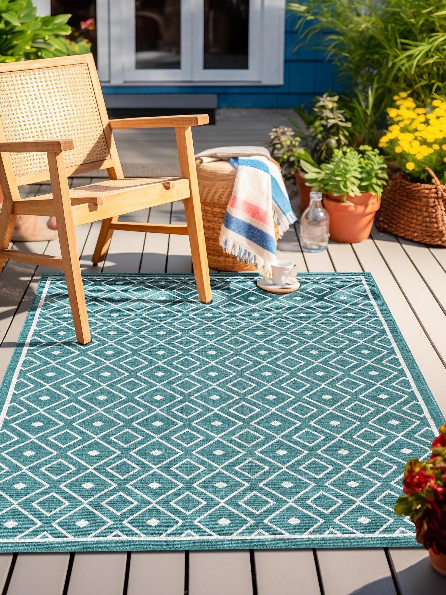 Teal 5' 3 x 8' Outdoor Trellis Rectangle Area Rug Weather Resistant for Patio, Deck, Terrace, Balcony, Porch Geometric Design Water Safe Outside Carpet for Sale at Rug Engine