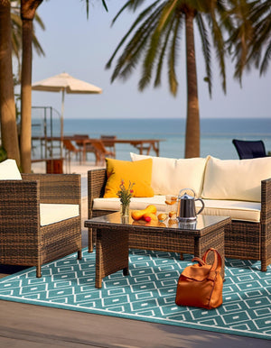 Teal 4' x 6' Outdoor Trellis Rectangle Area Rug Weather Resistant for Patio, Deck, Terrace, Balcony, Porch Geometric Design Water Safe Outside Carpet for Sale at Rug Engine