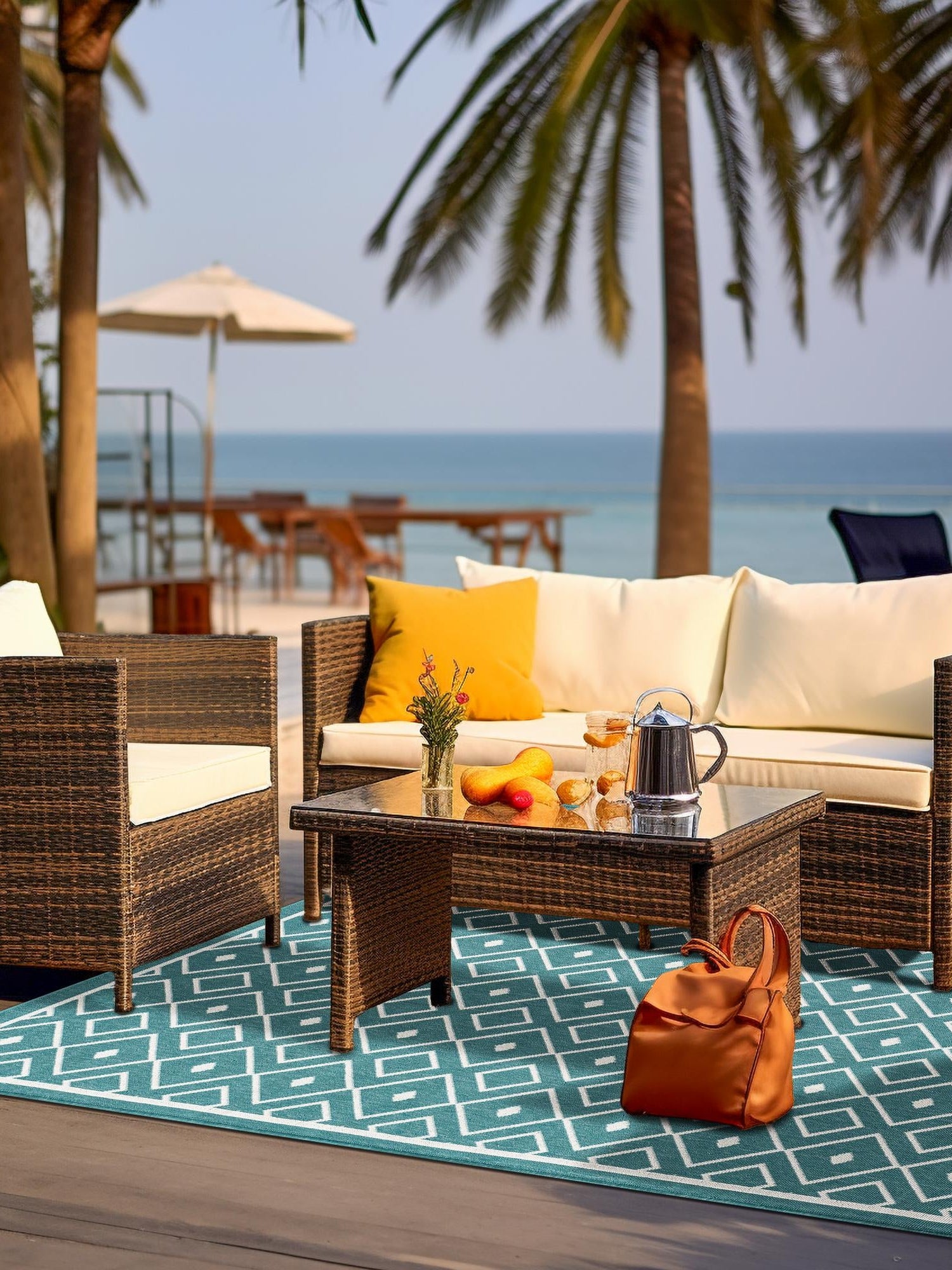 Teal 5' 3 x 8' Outdoor Trellis Rectangle Area Rug Weather Resistant for Patio, Deck, Terrace, Balcony, Porch Geometric Design Water Safe Outside Carpet for Sale at Rug Engine