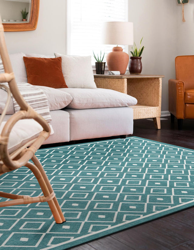 Teal 5' 3 x 8' Outdoor Trellis Rectangle Area Rug Weather Resistant for Patio, Deck, Terrace, Balcony, Porch Geometric Design Water Safe Outside Carpet for Sale at Rug Engine
