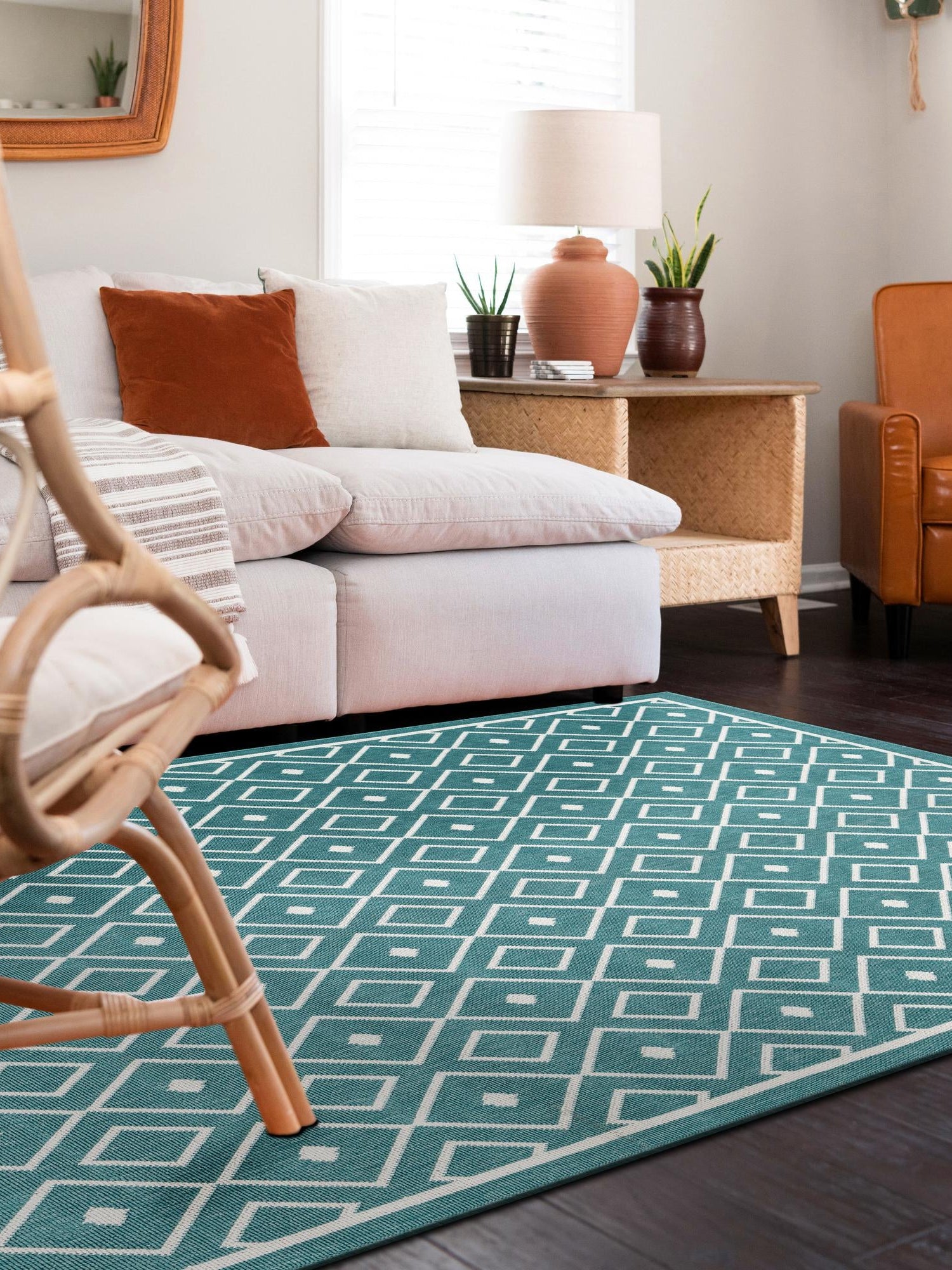 Teal 4' x 6' Outdoor Trellis Rectangle Area Rug Weather Resistant for Patio, Deck, Terrace, Balcony, Porch Geometric Design Water Safe Outside Carpet for Sale at Rug Engine