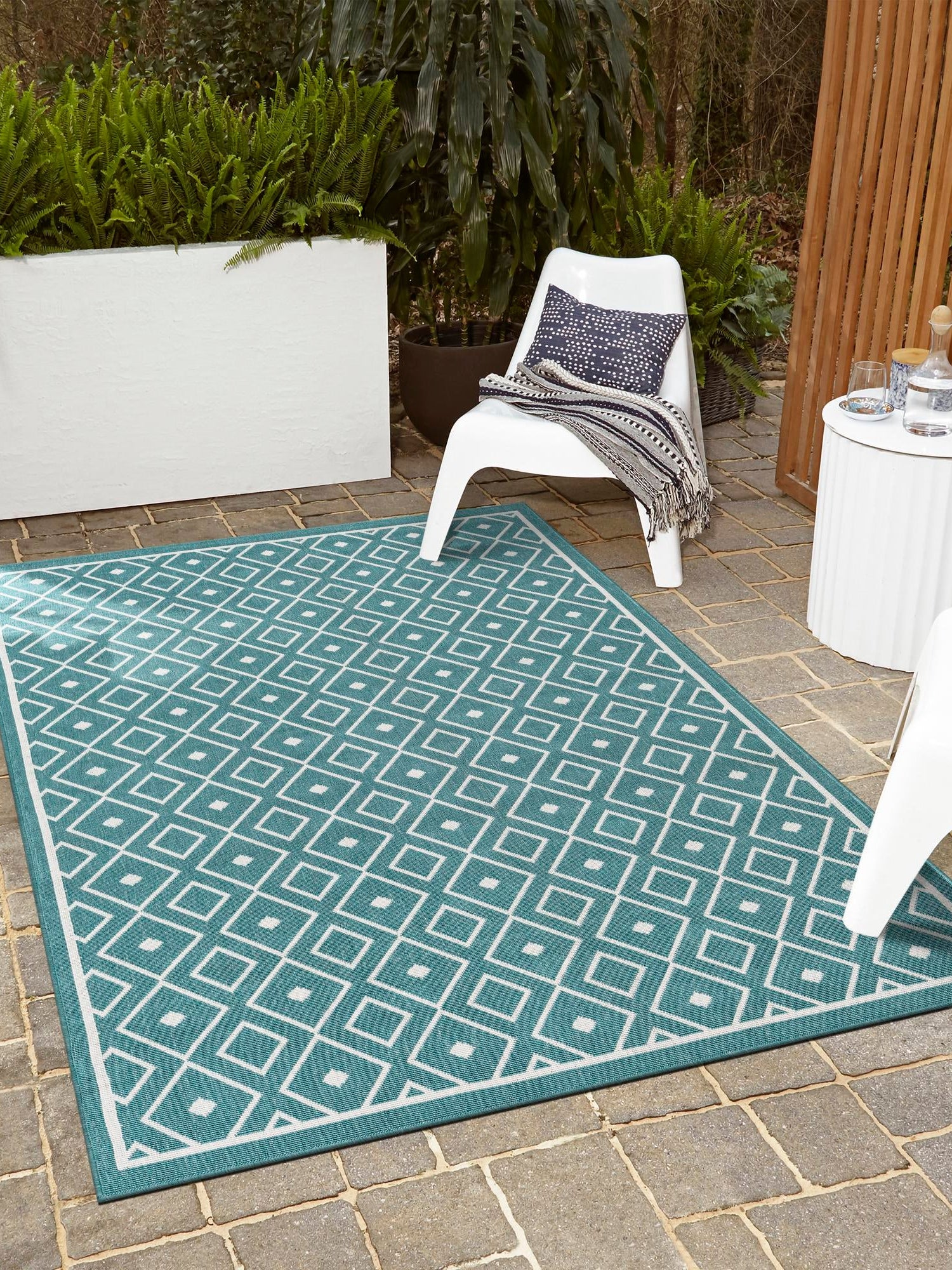 Teal 4' x 6' Outdoor Trellis Rectangle Area Rug Weather Resistant for Patio, Deck, Terrace, Balcony, Porch Geometric Design Water Safe Outside Carpet for Sale at Rug Engine