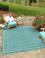 Teal 7' 10 x 7' 10 Outdoor Trellis Square Area Rug Weather Resistant for Patio, Deck, Terrace, Balcony, Porch Geometric Design Water Safe Outside Carpet for Sale at Rug Engine