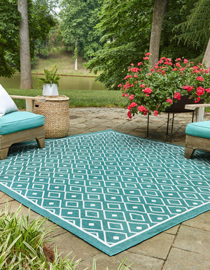 Teal 7' 10 x 7' 10 Outdoor Trellis Square Area Rug Weather Resistant for Patio, Deck, Terrace, Balcony, Porch Geometric Design Water Safe Outside Carpet for Sale at Rug Engine