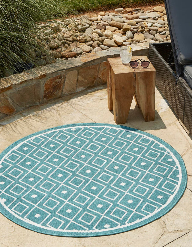 Teal 4' x 4' Outdoor Trellis Round Area Rug Weather Resistant for Patio, Deck, Terrace, Balcony, Porch Geometric Design Water Safe Outside Carpet for Sale at Rug Engine
