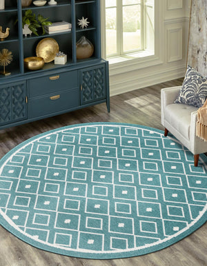 Teal 4' x 4' Outdoor Trellis Round Area Rug Weather Resistant for Patio, Deck, Terrace, Balcony, Porch Geometric Design Water Safe Outside Carpet for Sale at Rug Engine