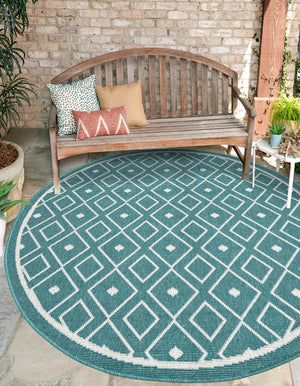 Teal 4' x 4' Outdoor Trellis Round Area Rug Weather Resistant for Patio, Deck, Terrace, Balcony, Porch Geometric Design Water Safe Outside Carpet for Sale at Rug Engine