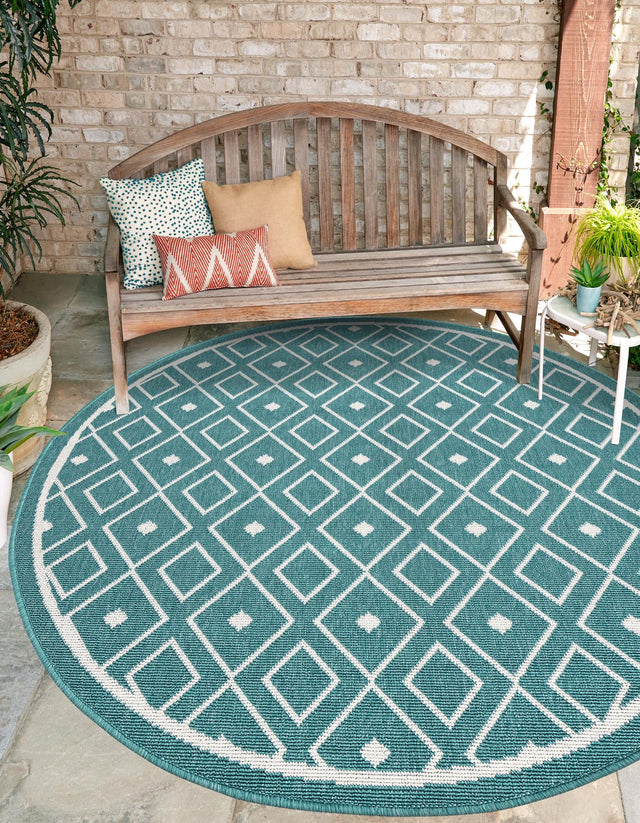 Teal 4' x 4' Outdoor Trellis Round Area Rug Weather Resistant for Patio, Deck, Terrace, Balcony, Porch Geometric Design Water Safe Outside Carpet for Sale at Rug Engine