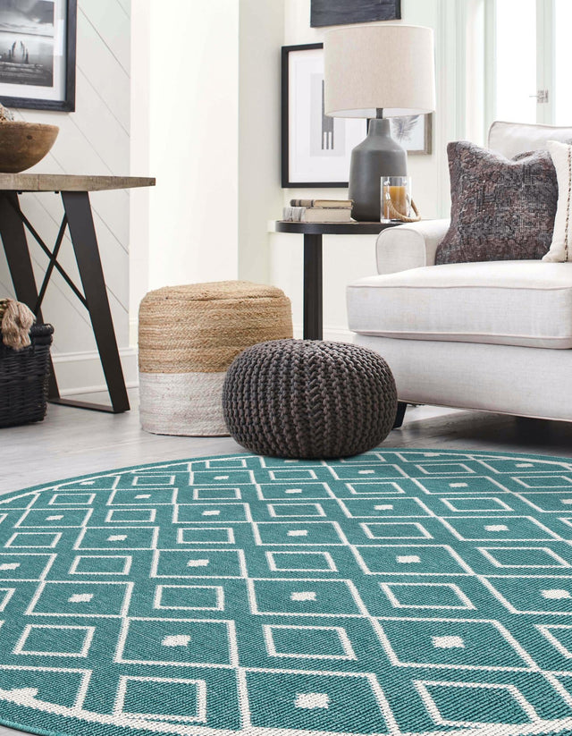 Teal 4' x 4' Outdoor Trellis Round Area Rug Weather Resistant for Patio, Deck, Terrace, Balcony, Porch Geometric Design Water Safe Outside Carpet for Sale at Rug Engine