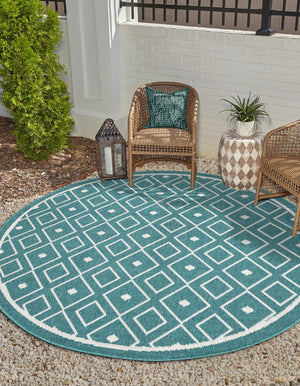 Teal 4' x 4' Outdoor Trellis Round Area Rug Weather Resistant for Patio, Deck, Terrace, Balcony, Porch Geometric Design Water Safe Outside Carpet for Sale at Rug Engine