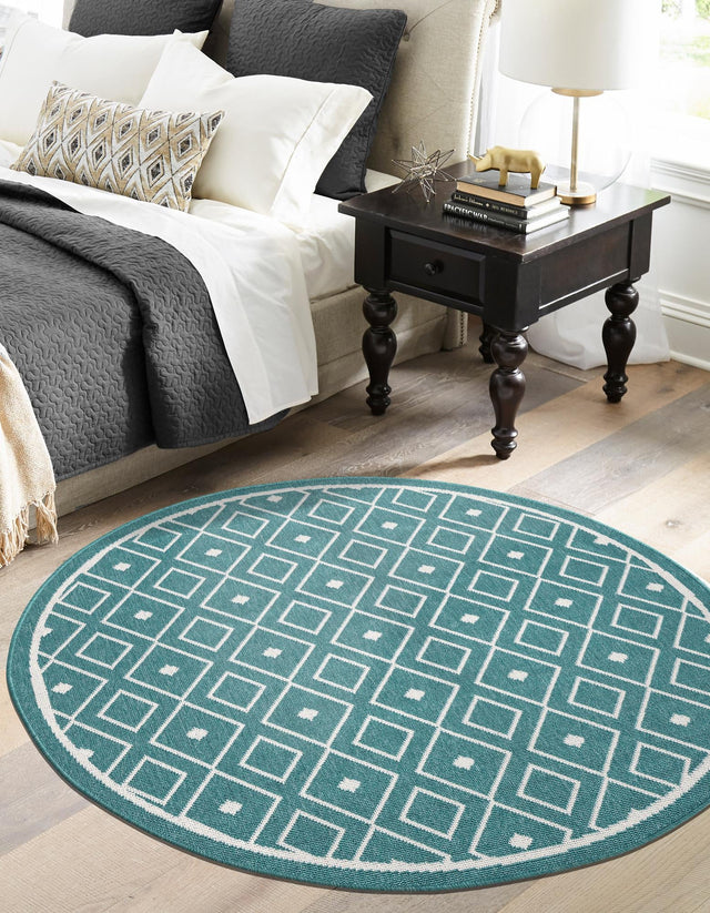 Teal 4' x 4' Outdoor Trellis Round Area Rug Weather Resistant for Patio, Deck, Terrace, Balcony, Porch Geometric Design Water Safe Outside Carpet for Sale at Rug Engine