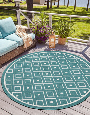 Teal 4' x 4' Outdoor Trellis Round Area Rug Weather Resistant for Patio, Deck, Terrace, Balcony, Porch Geometric Design Water Safe Outside Carpet for Sale at Rug Engine