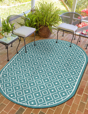Teal 7' 10 x 10' Outdoor Trellis Oval Area Rug Weather Resistant for Patio, Deck, Terrace, Balcony, Porch Geometric Design Water Safe Outside Carpet for Sale at Rug Engine