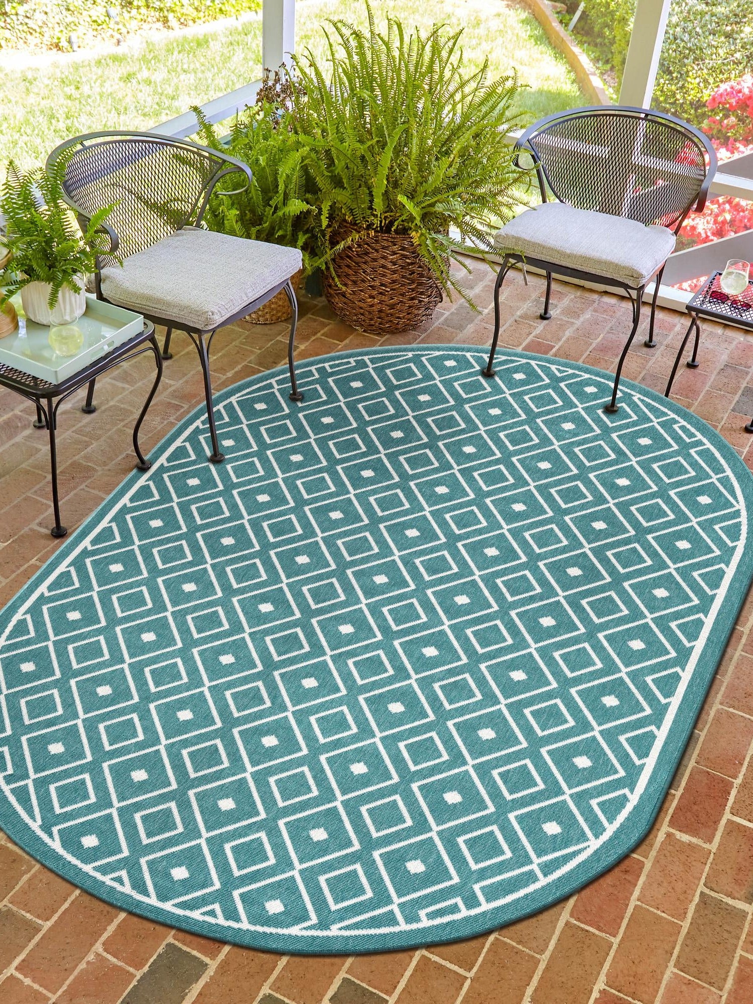 Teal 5' 3 x 8' Outdoor Trellis Oval Area Rug Weather Resistant for Patio, Deck, Terrace, Balcony, Porch Geometric Design Water Safe Outside Carpet for Sale at Rug Engine
