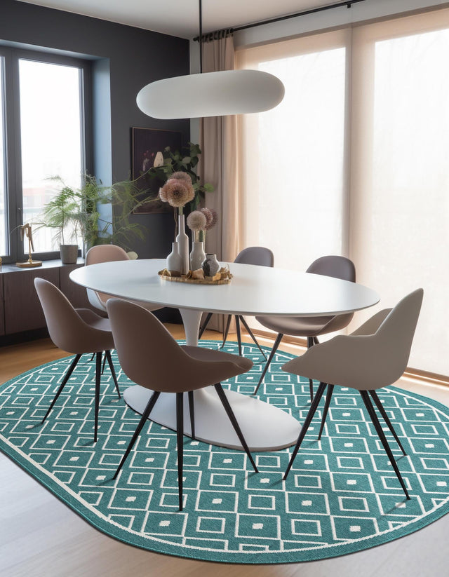 Teal 7' 10 x 10' Outdoor Trellis Oval Area Rug Weather Resistant for Patio, Deck, Terrace, Balcony, Porch Geometric Design Water Safe Outside Carpet for Sale at Rug Engine