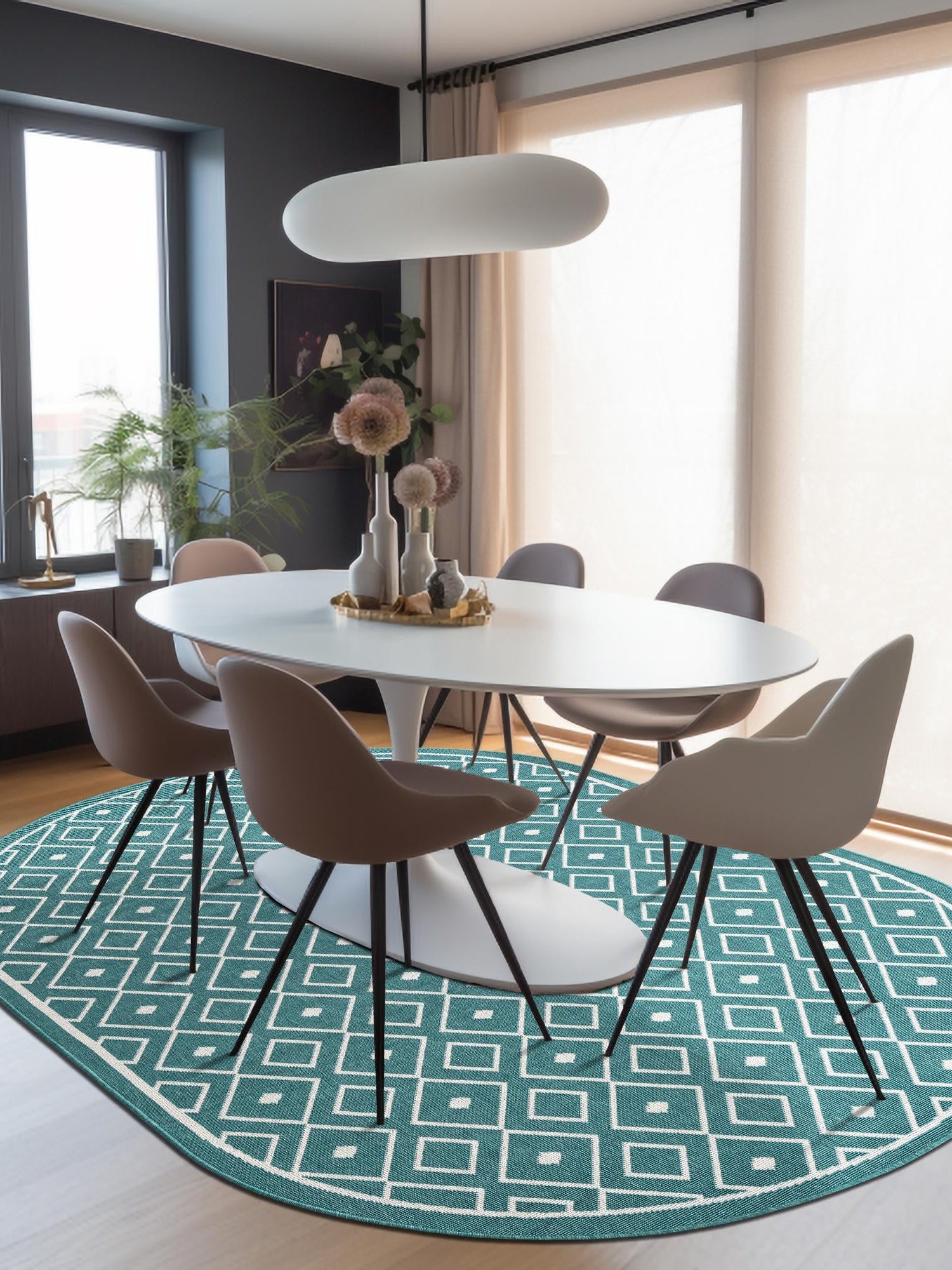 Teal 5' 3 x 8' Outdoor Trellis Oval Area Rug Weather Resistant for Patio, Deck, Terrace, Balcony, Porch Geometric Design Water Safe Outside Carpet for Sale at Rug Engine