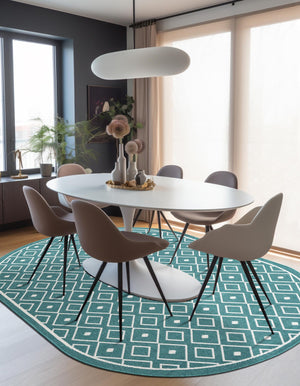 Teal 5' 3 x 8' Outdoor Trellis Oval Area Rug Weather Resistant for Patio, Deck, Terrace, Balcony, Porch Geometric Design Water Safe Outside Carpet for Sale at Rug Engine