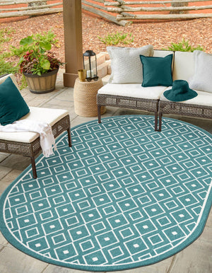 Teal 5' 3 x 8' Outdoor Trellis Oval Area Rug Weather Resistant for Patio, Deck, Terrace, Balcony, Porch Geometric Design Water Safe Outside Carpet for Sale at Rug Engine