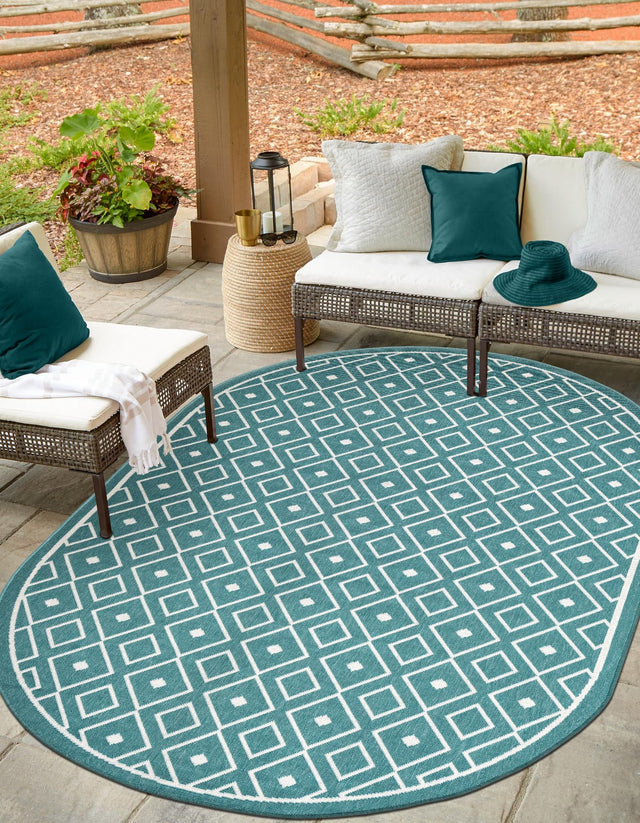 Teal 5' 3 x 8' Outdoor Trellis Oval Area Rug Weather Resistant for Patio, Deck, Terrace, Balcony, Porch Geometric Design Water Safe Outside Carpet for Sale at Rug Engine