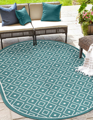 Teal 7' 10 x 10' Outdoor Trellis Oval Area Rug Weather Resistant for Patio, Deck, Terrace, Balcony, Porch Geometric Design Water Safe Outside Carpet for Sale at Rug Engine