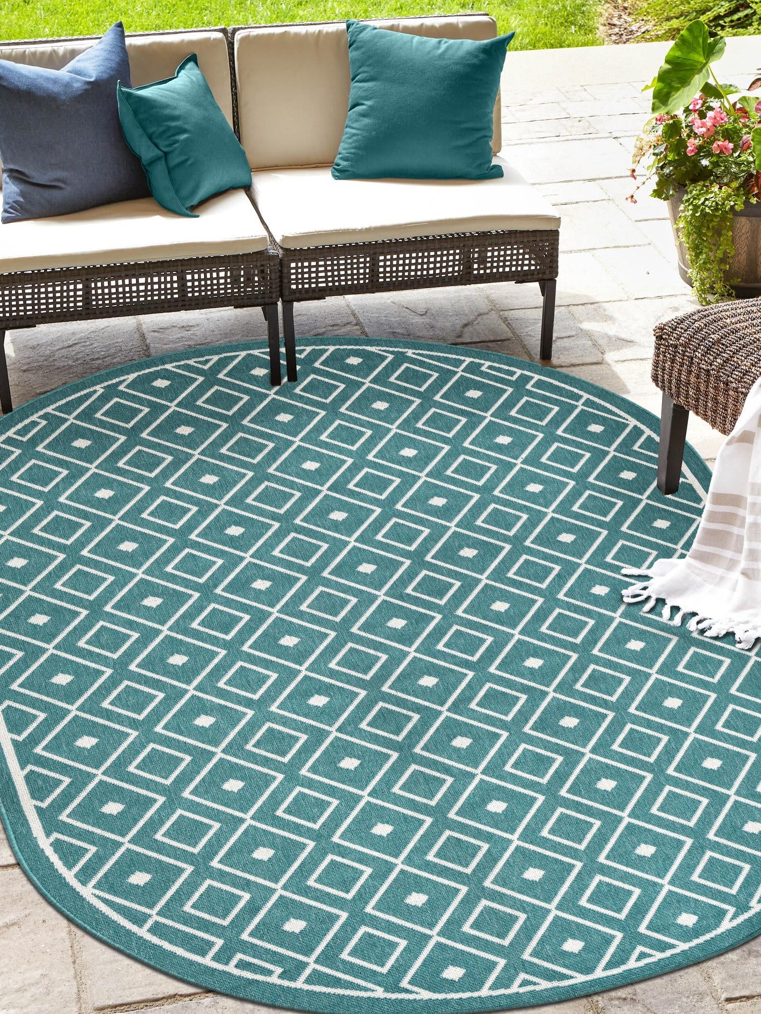Teal 5' 3 x 8' Outdoor Trellis Oval Area Rug Weather Resistant for Patio, Deck, Terrace, Balcony, Porch Geometric Design Water Safe Outside Carpet for Sale at Rug Engine