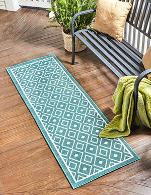 Teal 2' x 8' Outdoor Trellis Runner Area Rug Weather Resistant for Patio, Deck, Terrace, Balcony, Porch Geometric Design Water Safe Outside Carpet for Sale at Rug Engine