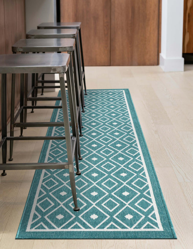 Teal 2' x 8' Outdoor Trellis Runner Area Rug Weather Resistant for Patio, Deck, Terrace, Balcony, Porch Geometric Design Water Safe Outside Carpet for Sale at Rug Engine