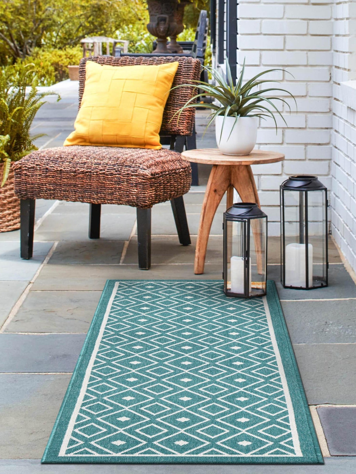 Teal 2' x 6' Outdoor Trellis Runner Area Rug Weather Resistant for Patio, Deck, Terrace, Balcony, Porch Geometric Design Water Safe Outside Carpet for Sale at Rug Engine