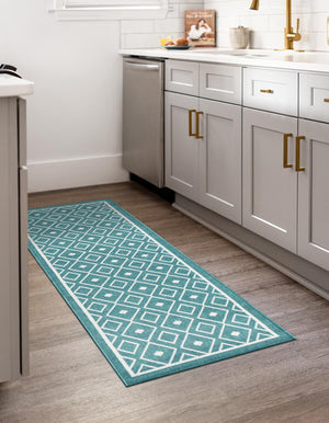 Teal 2' x 8' Outdoor Trellis Runner Area Rug Weather Resistant for Patio, Deck, Terrace, Balcony, Porch Geometric Design Water Safe Outside Carpet for Sale at Rug Engine