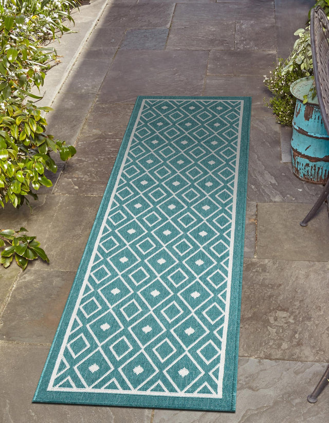 Teal 2' x 8' Outdoor Trellis Runner Area Rug Weather Resistant for Patio, Deck, Terrace, Balcony, Porch Geometric Design Water Safe Outside Carpet for Sale at Rug Engine