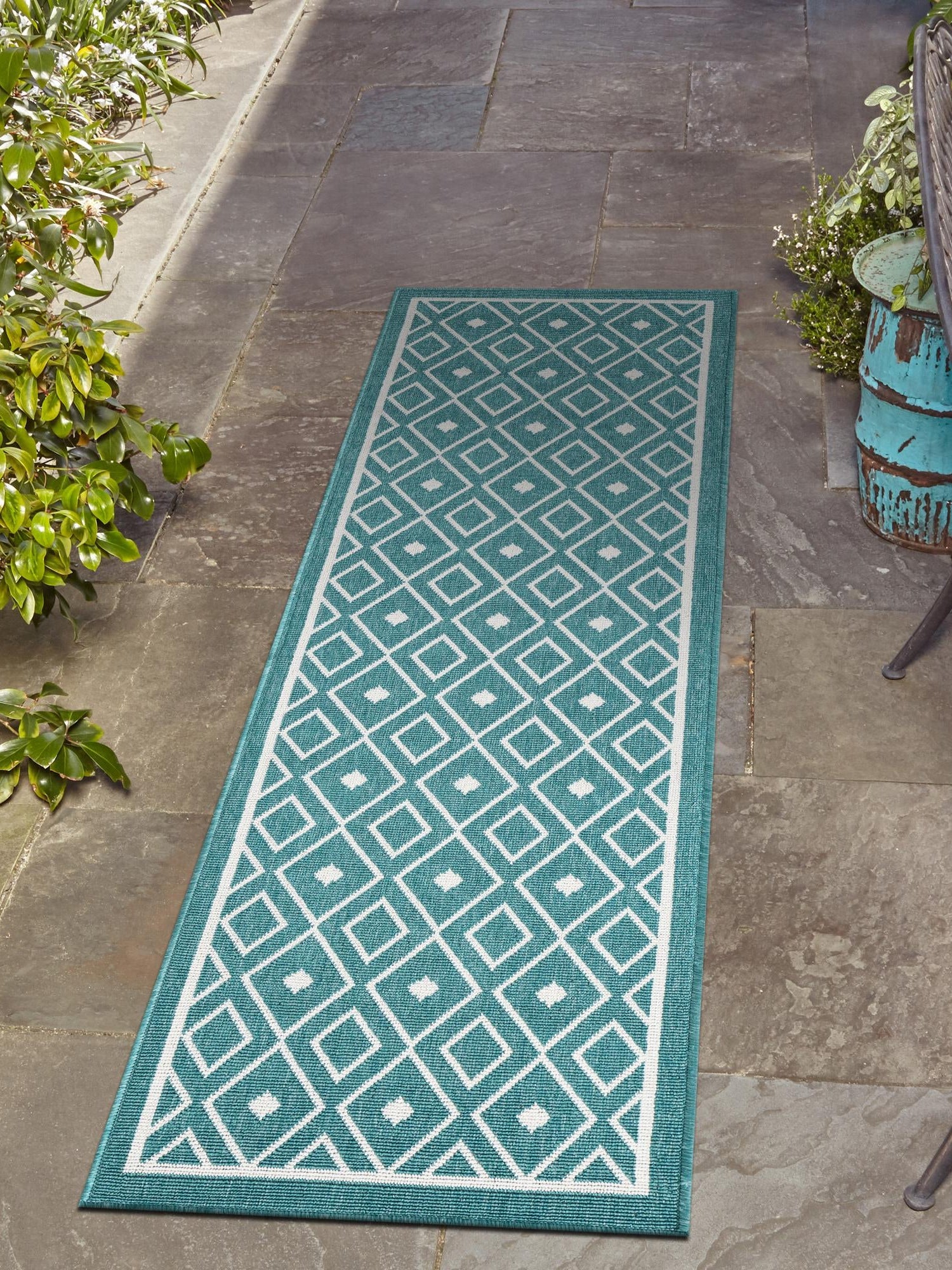 Teal 2' x 6' Outdoor Trellis Runner Area Rug Weather Resistant for Patio, Deck, Terrace, Balcony, Porch Geometric Design Water Safe Outside Carpet for Sale at Rug Engine